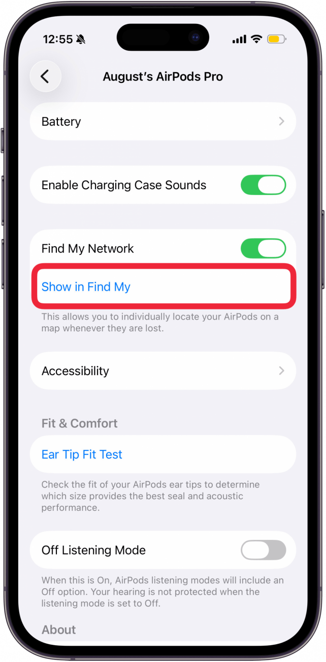 tap show in find my in airpods settings