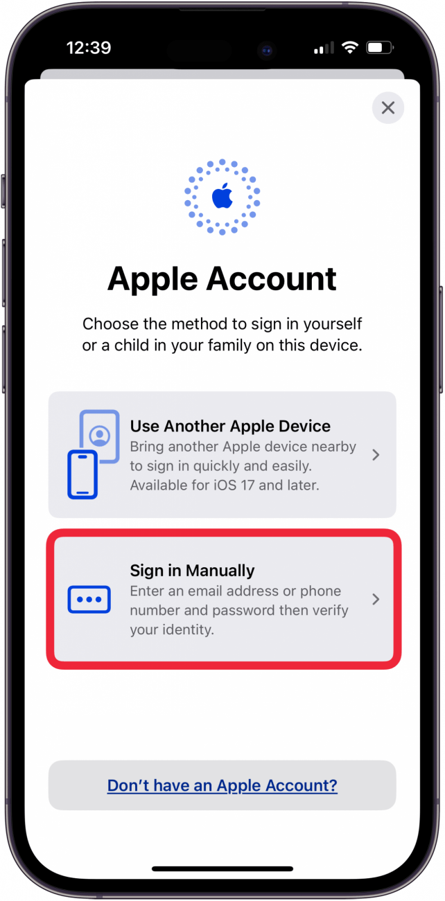tap sign in manually or use another apple device