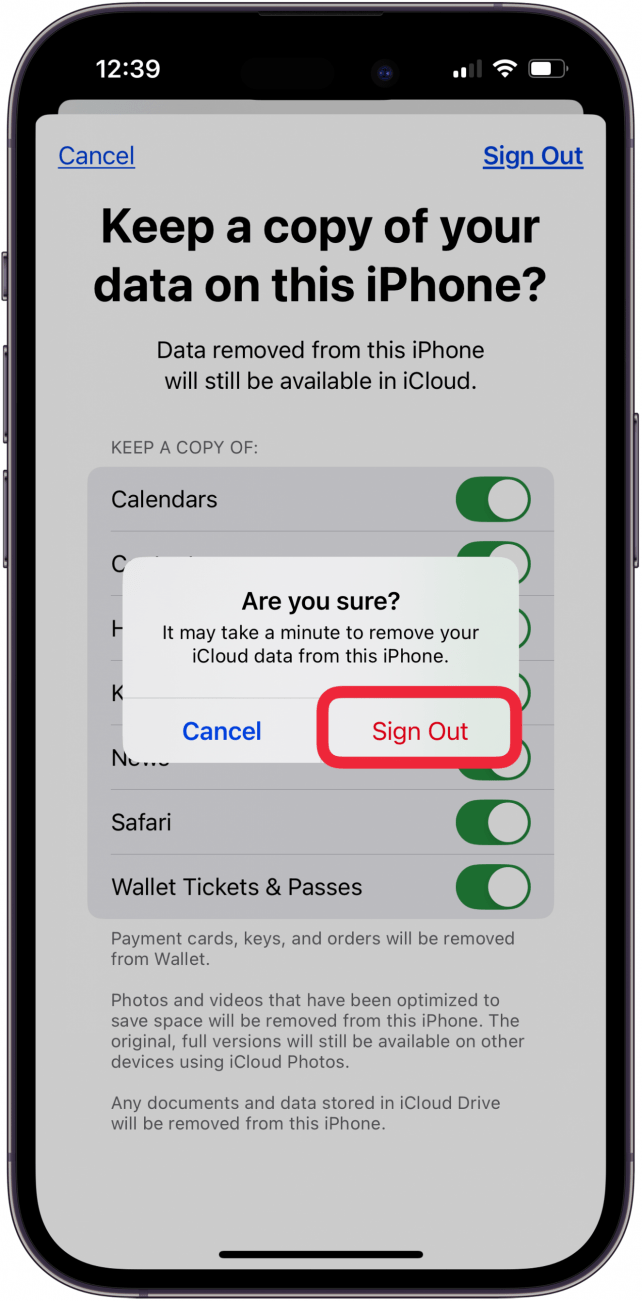 tap sign out to sign out of apple id