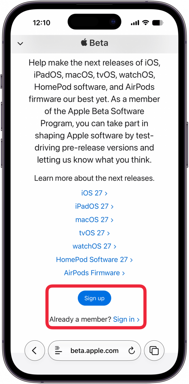 tap sign up or sign in to beta program