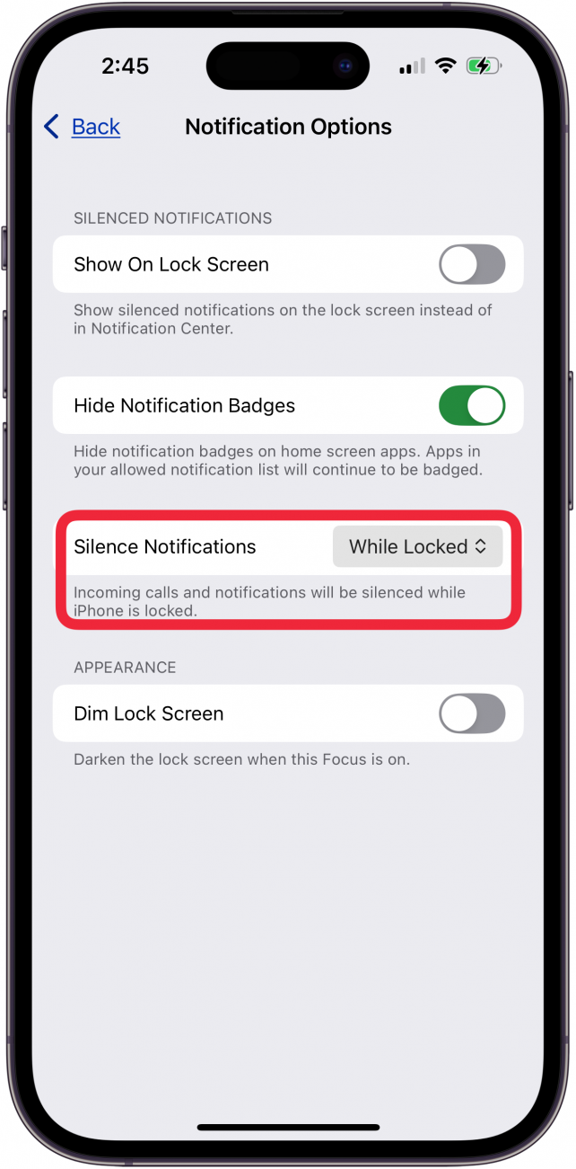 tap silence notifications in focus settings