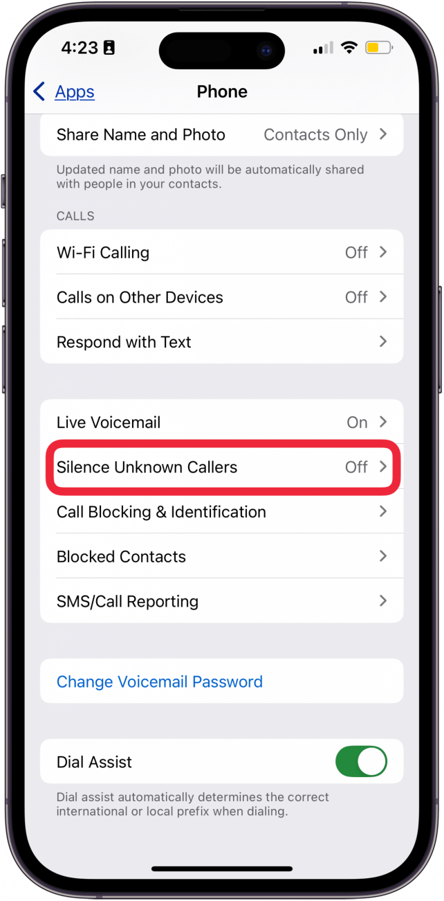 tap silence unknown callers in iphone app settings