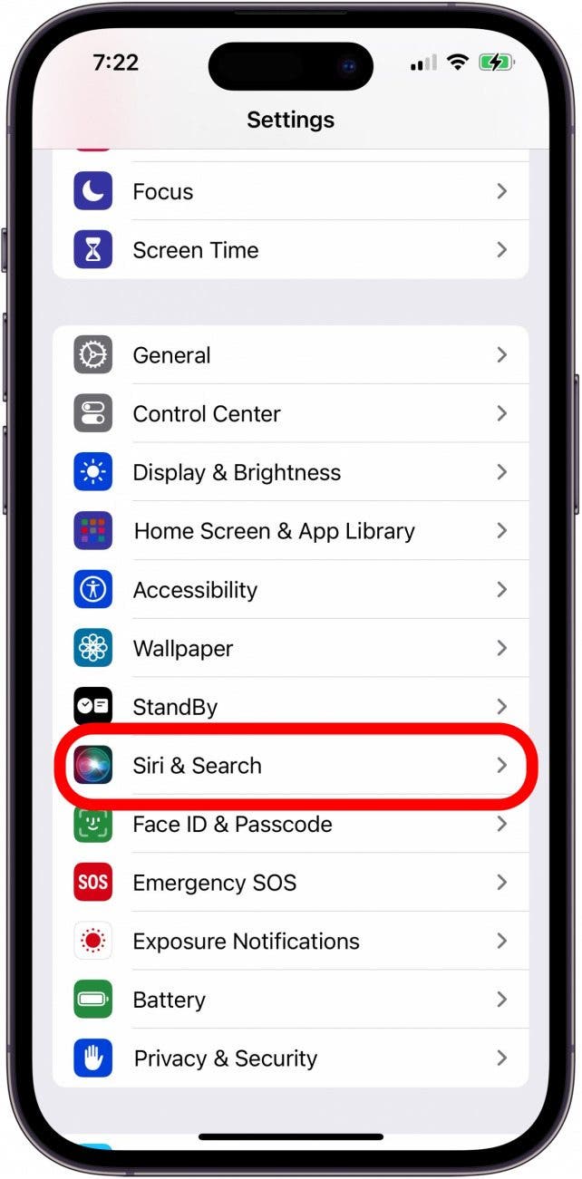 tap siri and search in settings