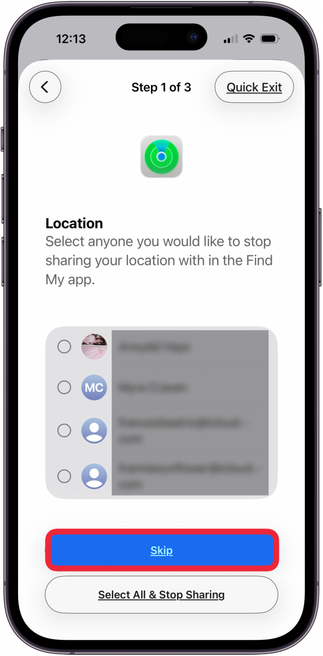 tap skip if you don't want to stop sharing location