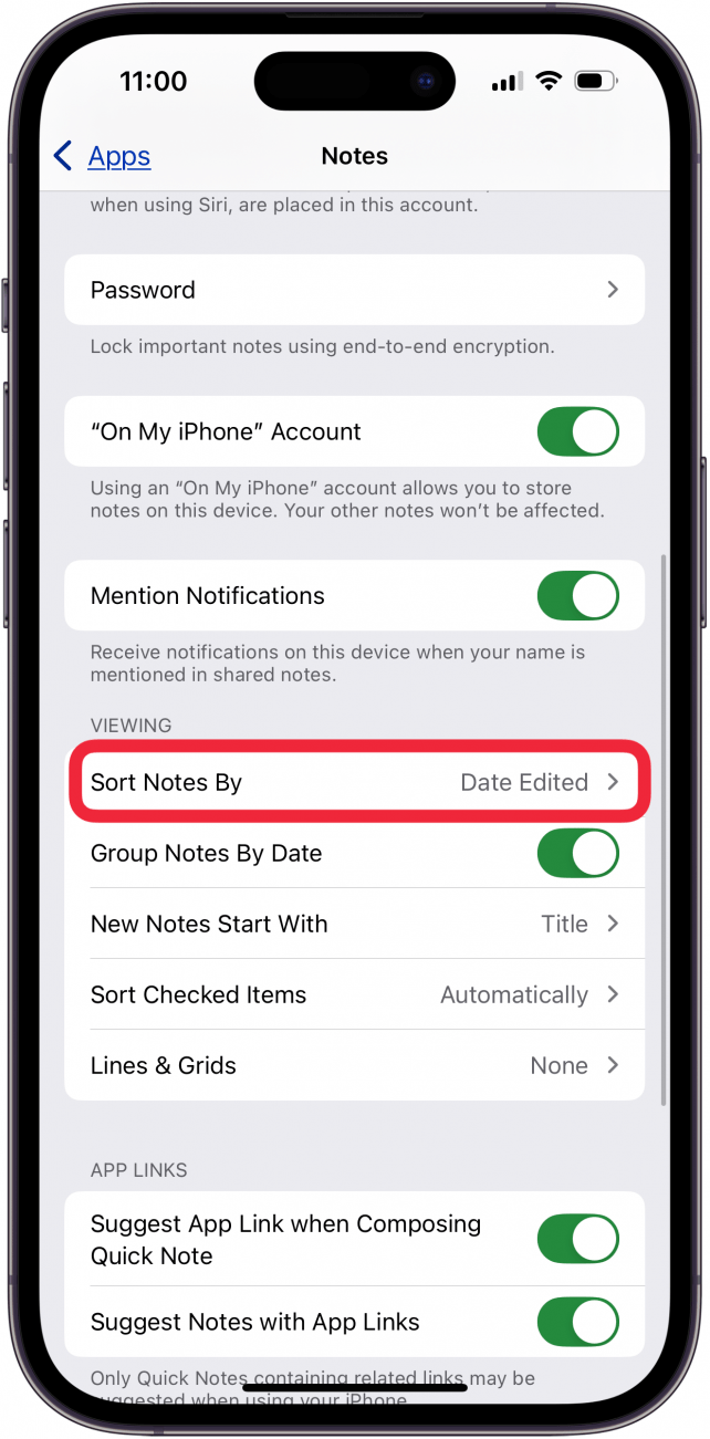 tap sort notes by in notes settings