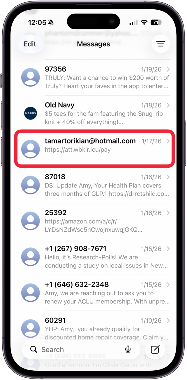 tap spam email in messages