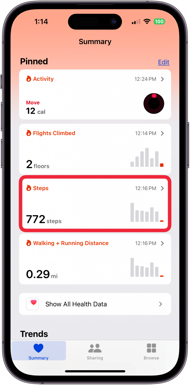 tap steps in health app to see steps on iphone