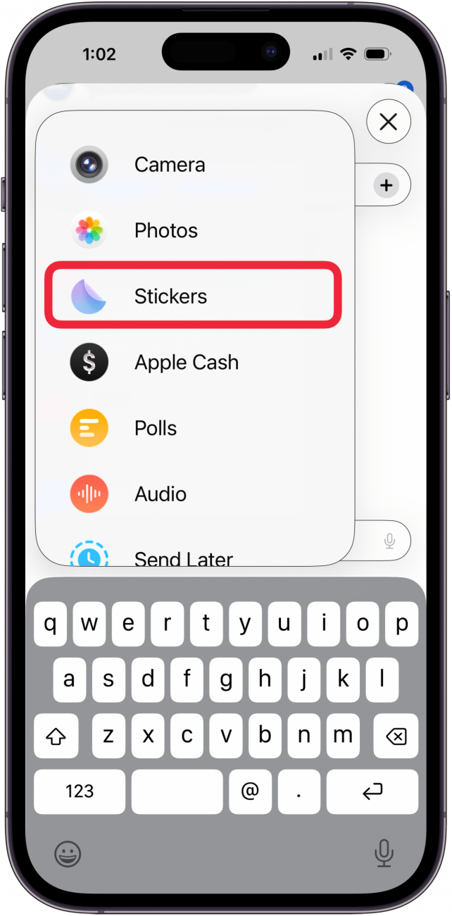 tap stickers in the menu