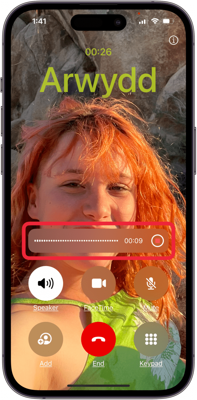 tap stop or red phone icon to stop iphone call recording