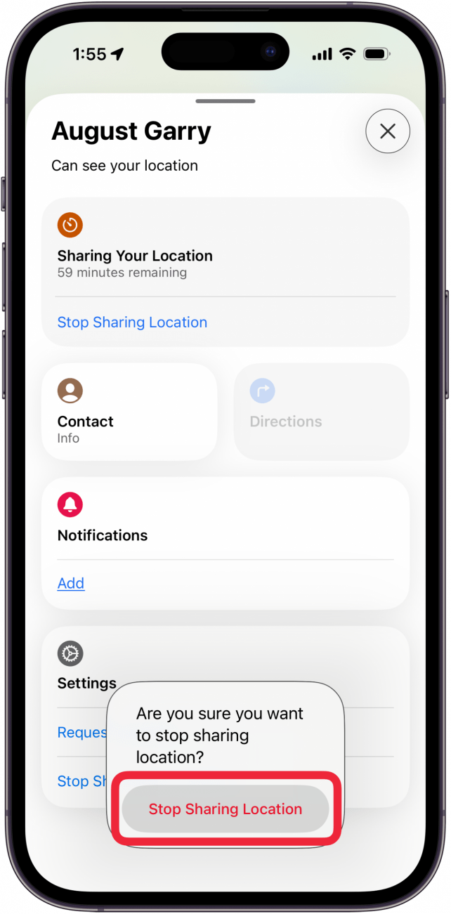 tap stop sharing location to confirm