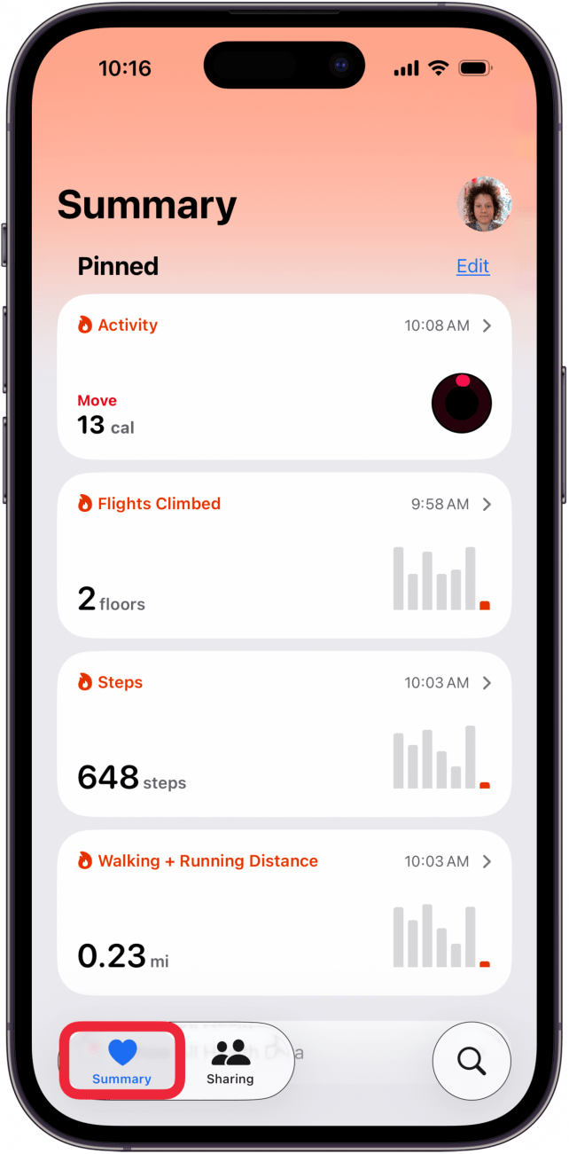 tap summary tab in health app