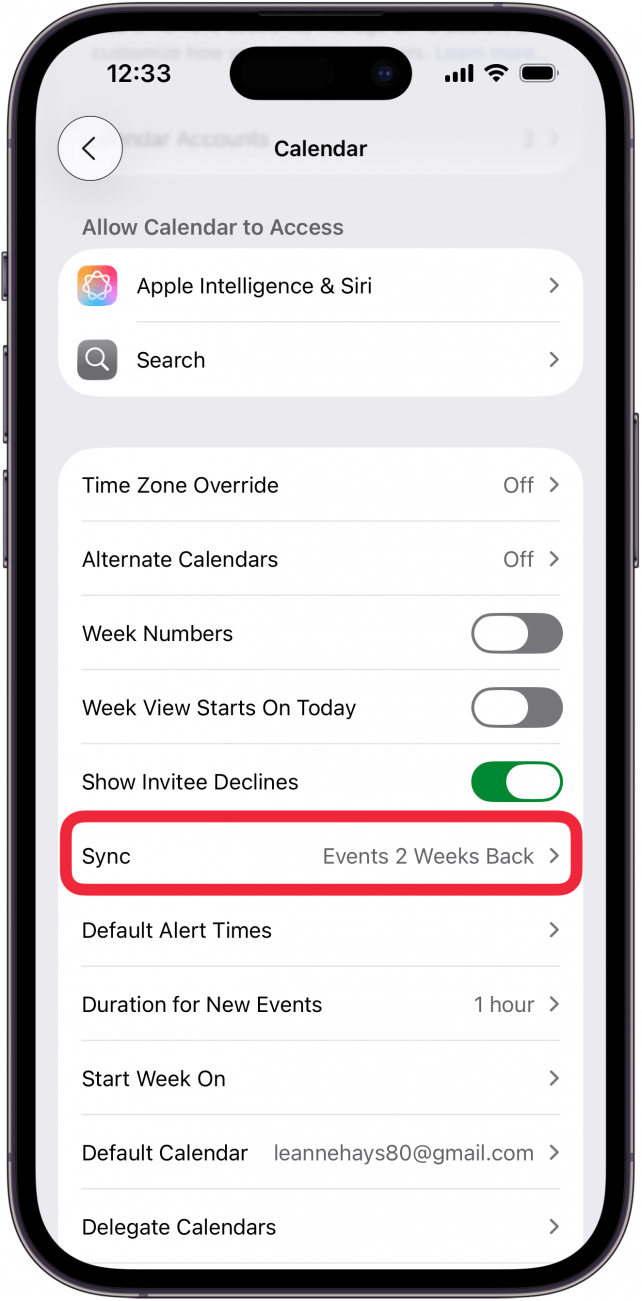 tap sync in calendar settings