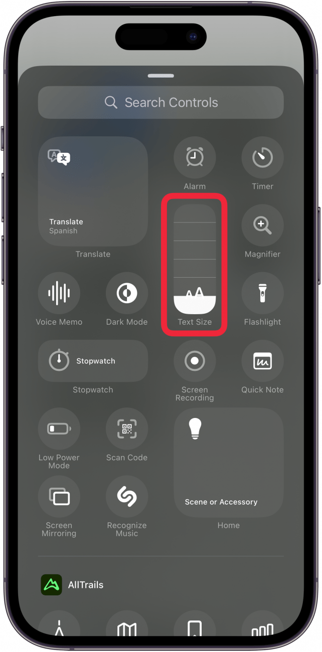 tap text size control to add to control center