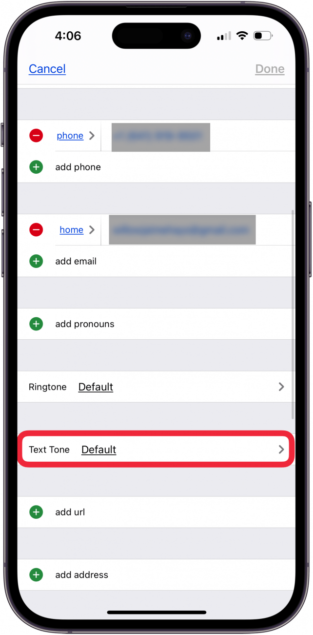 tap text tone in contact card
