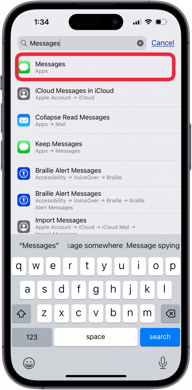 tap the app under the iphone settings search bar