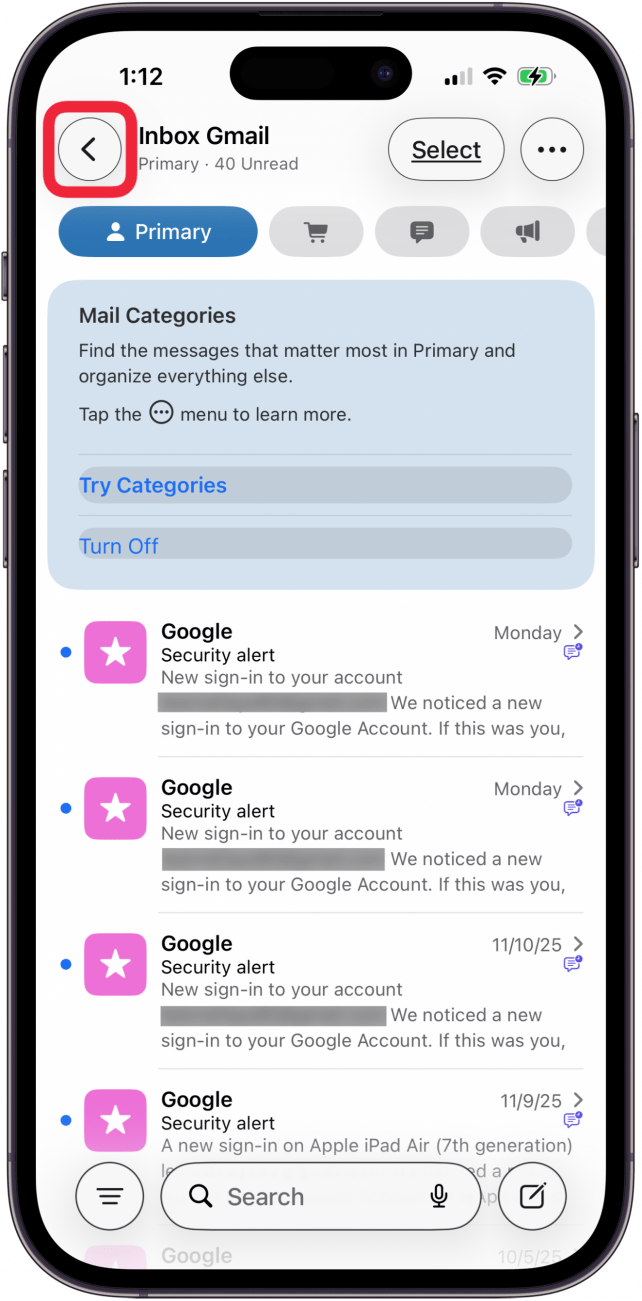 tap the back caret to get to mailboxes