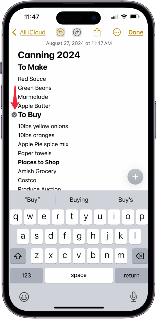 tap the caret next to the heading or subheading