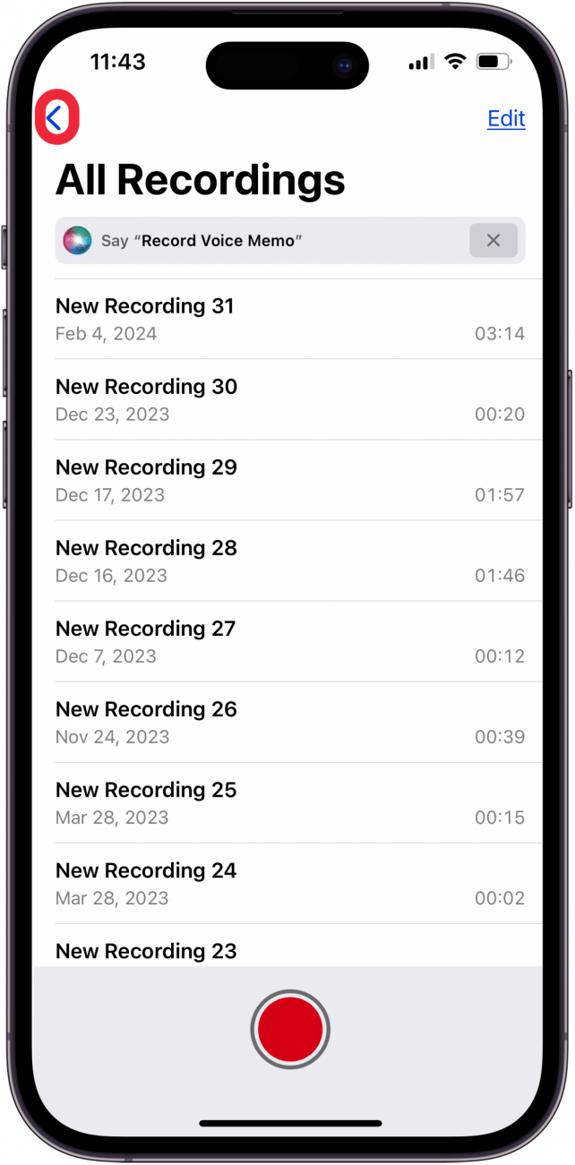 tap the caret to empty recycle bin in voice memos app