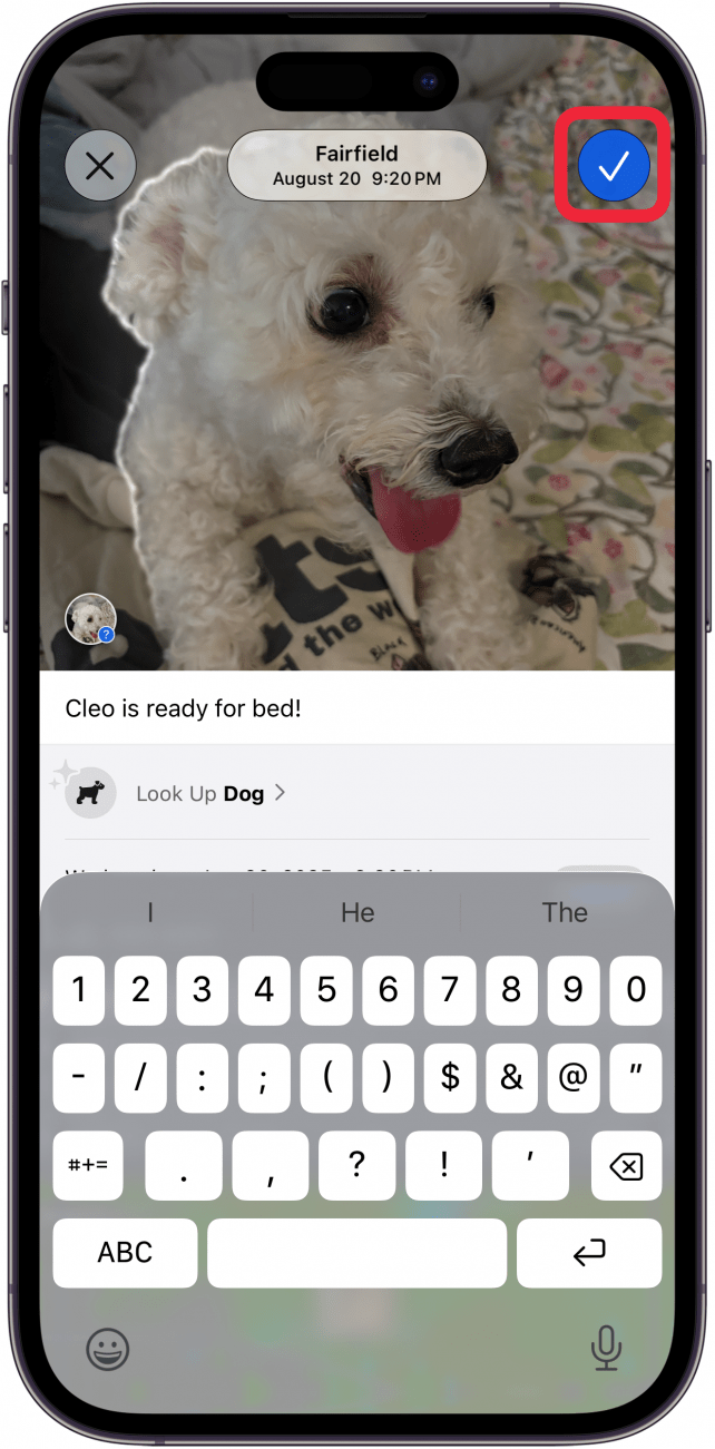 tap the check mark to save your photo caption