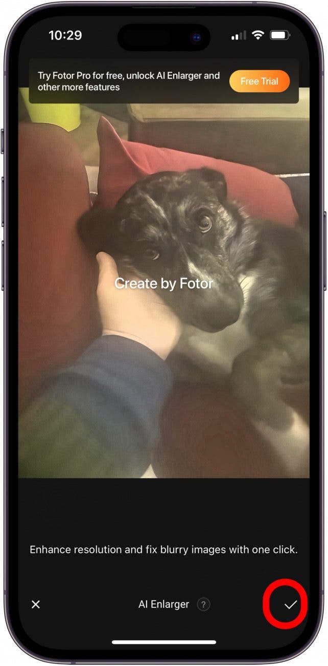 tap the check mark to save your unblur photo