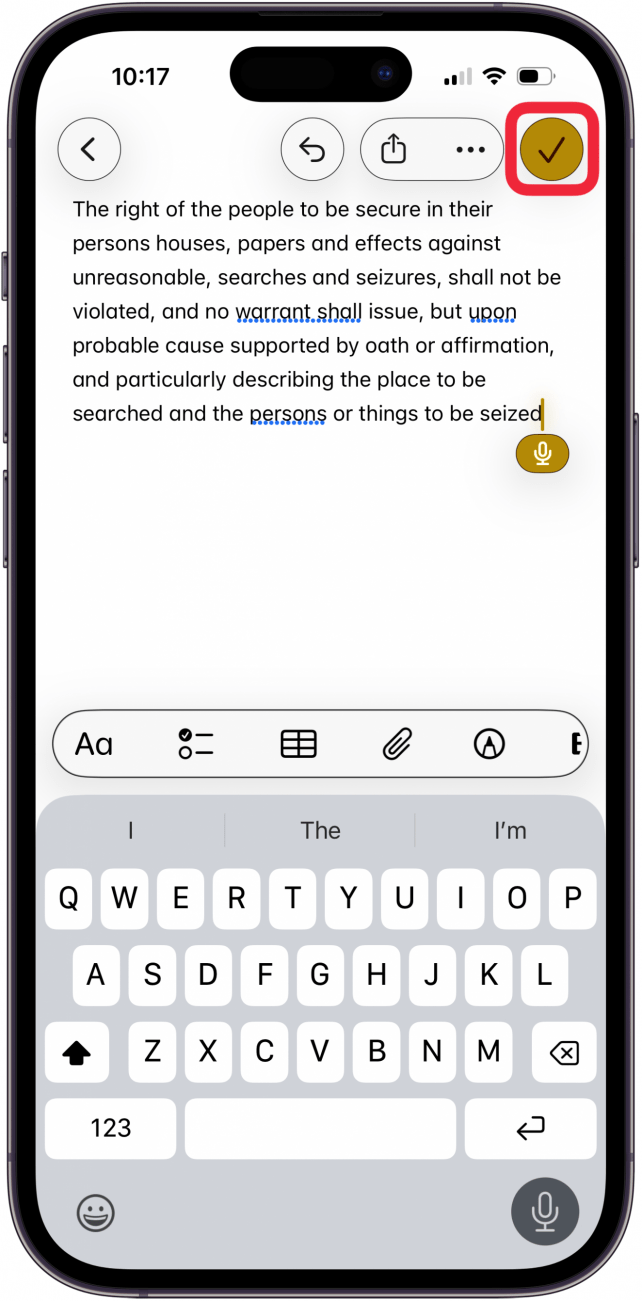 tap the check mark when finished transcribing in note