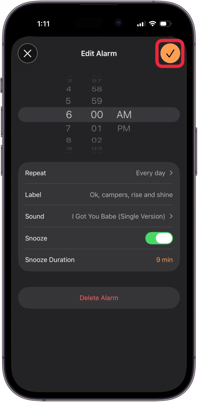 tap the check to save your alarm