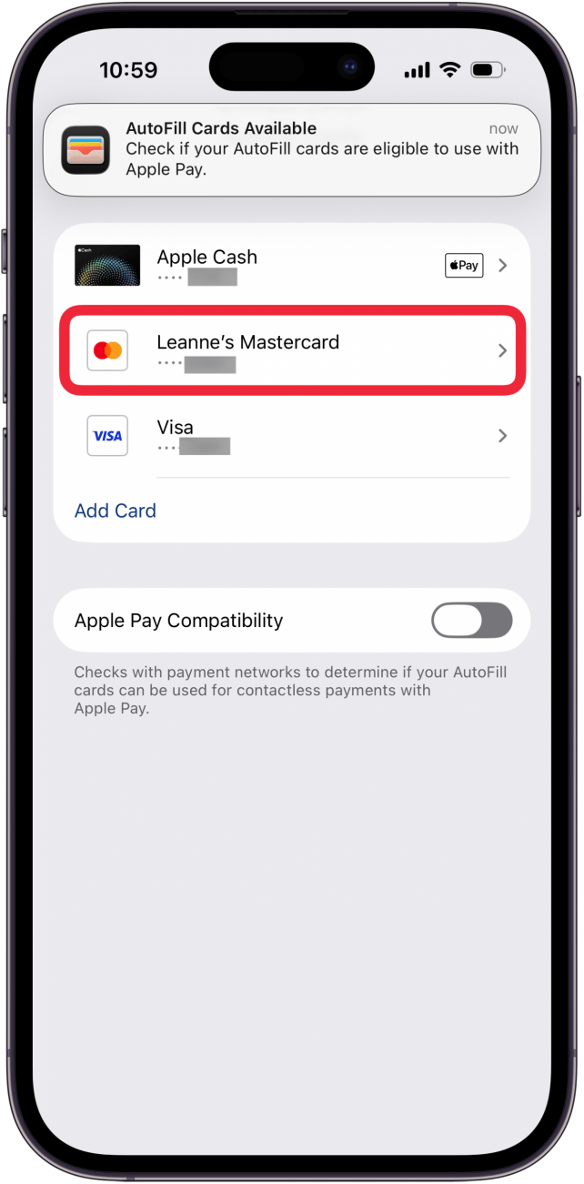 tap the credit card you want to edit