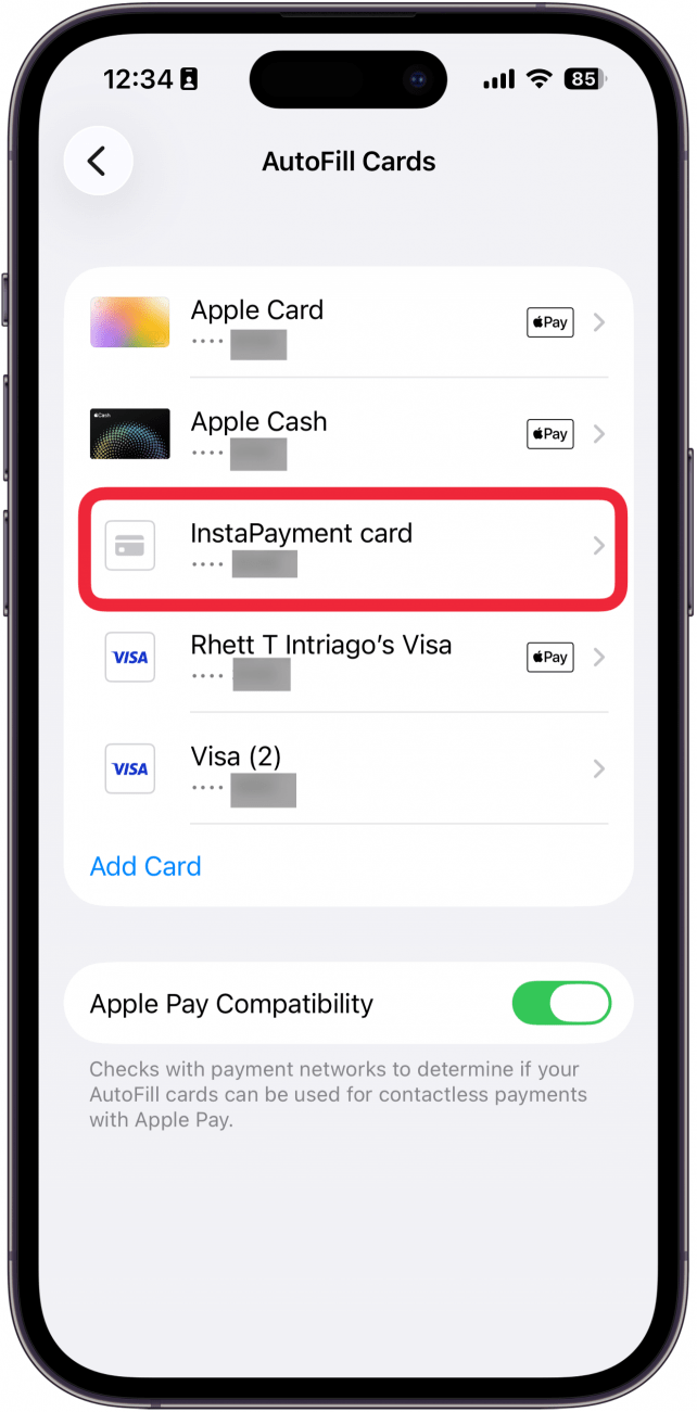 tap the credit card you want to remove tap the credit card you want to remove