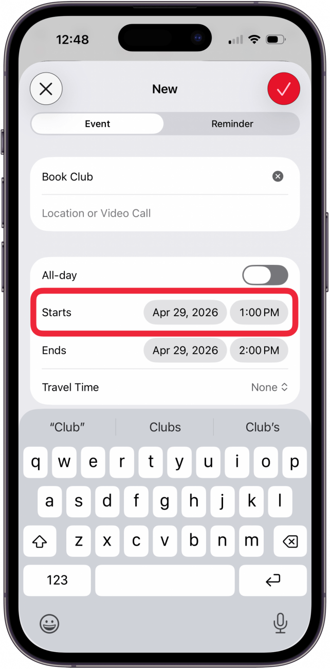 tap the date to change event date