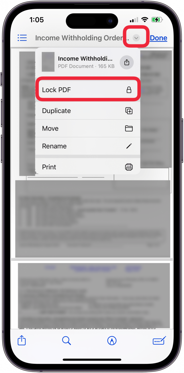 tap the drop down icon then tap lock pdf
