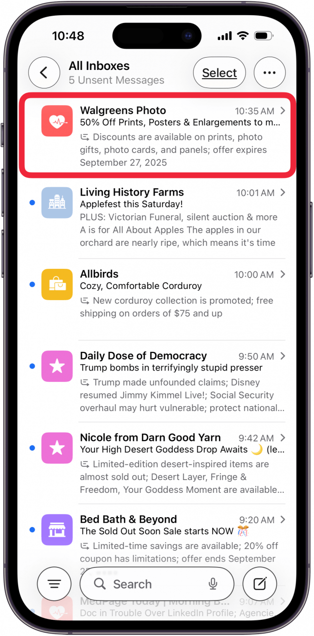 tap the email you want to unsubscribe from