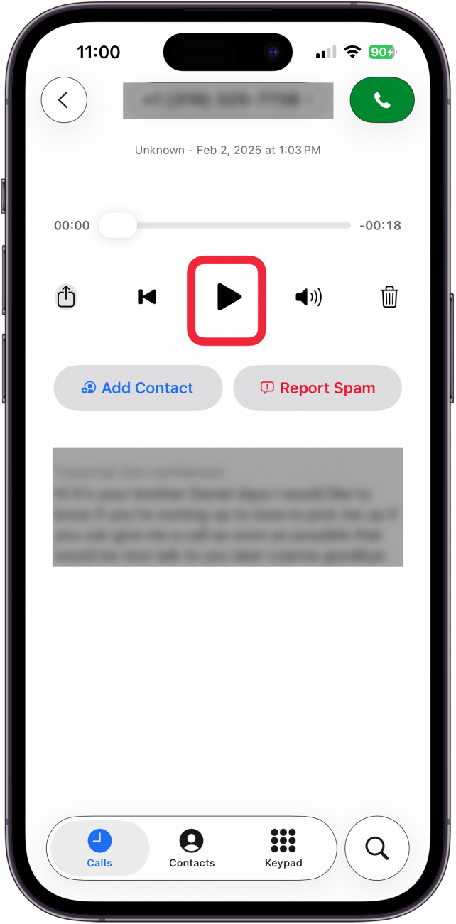 tap the play icon to play blocked voicemail
