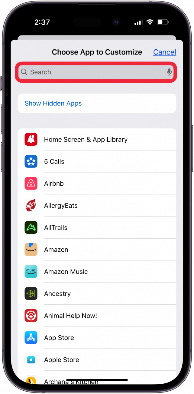 tap the search bar to find app to change app settings iphone