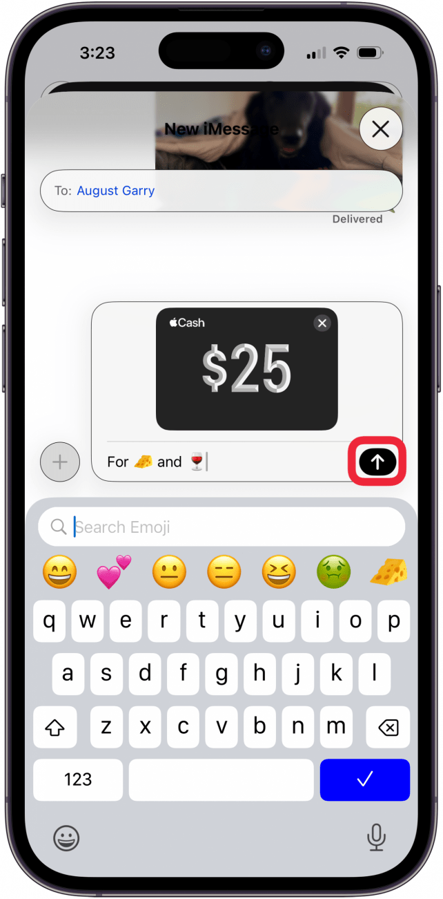 tap the send arrow to send apple cash
