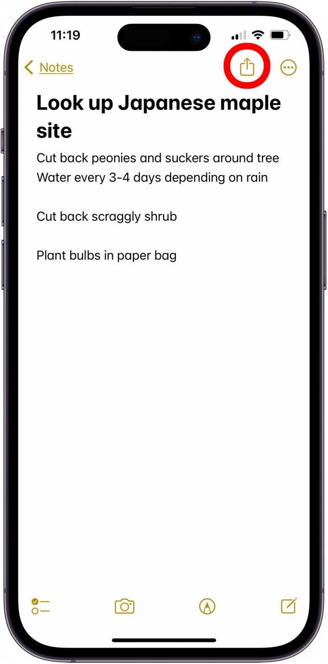 tap the share icon to share notes iphone