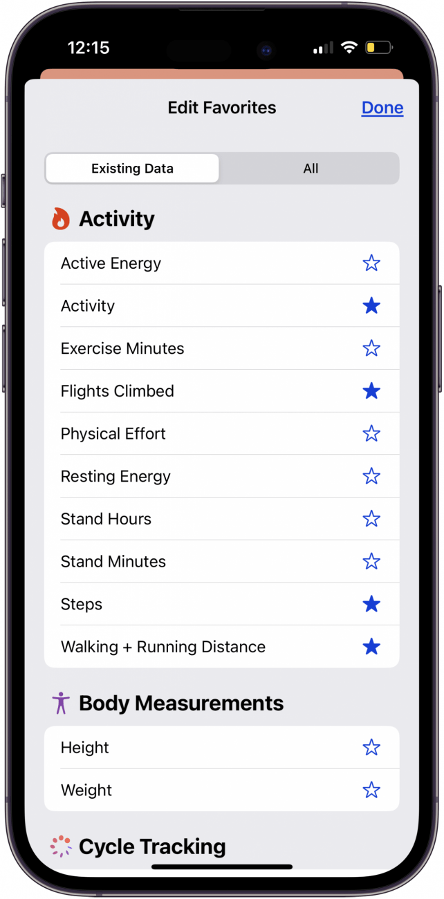tap the star next to steps in the health app