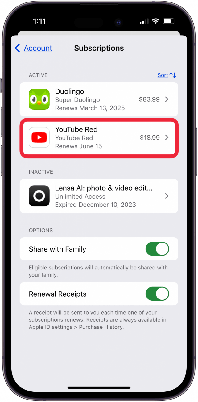 tap the subscription you want to cancel in app store