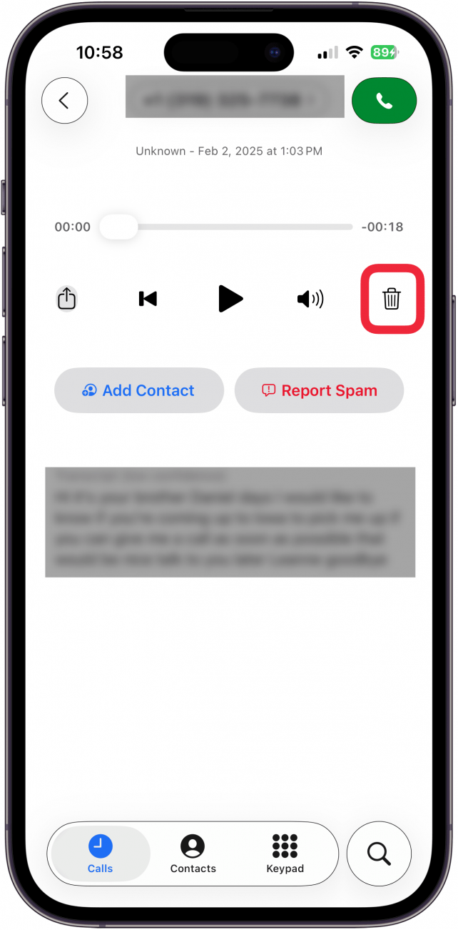 tap the trash can icon to delete blocked voicemail