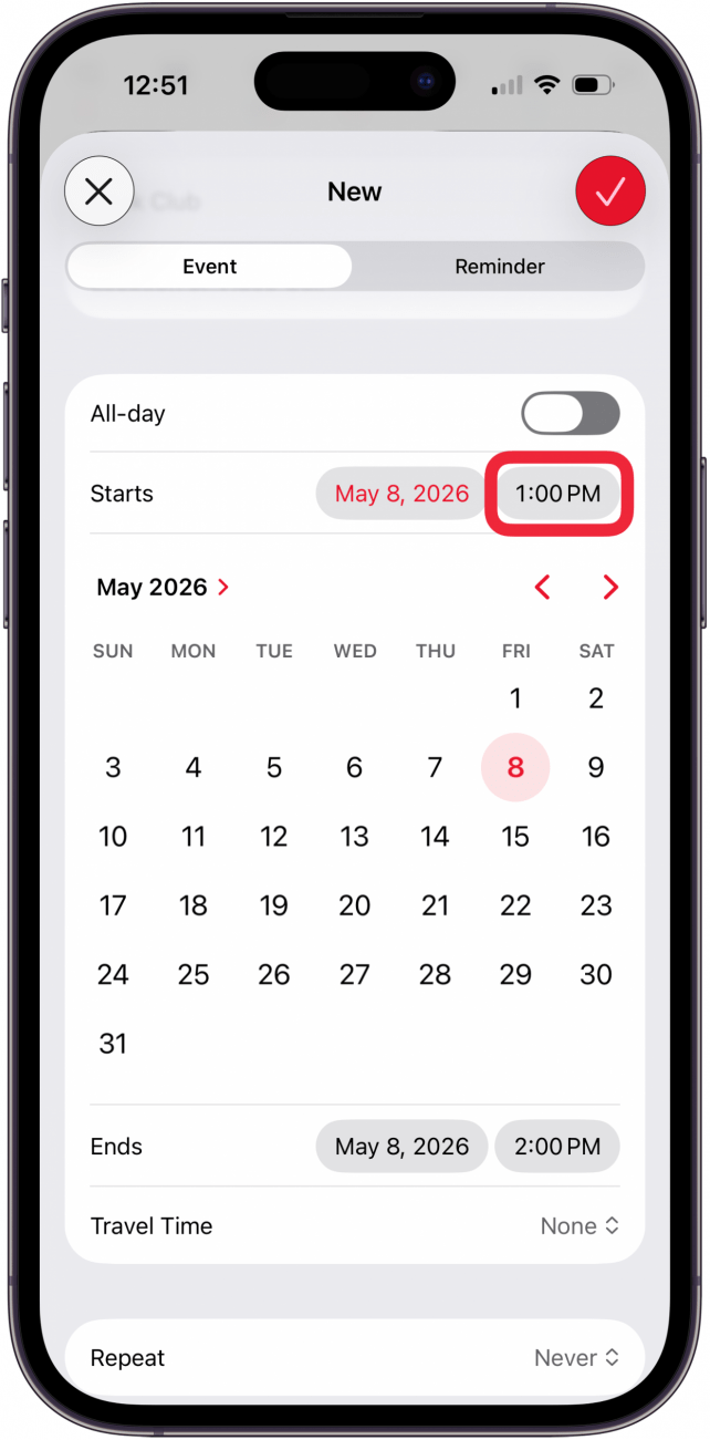 tap time to change the event time