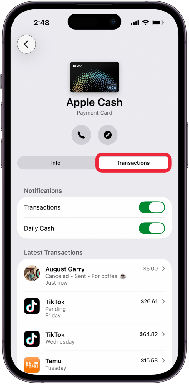 tap transactions tab in apple cash settings