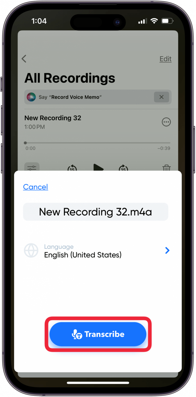 tap transcribe to transcribe voice memos