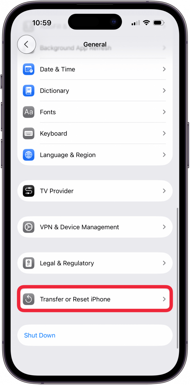 tap transfer or reset iPhone
