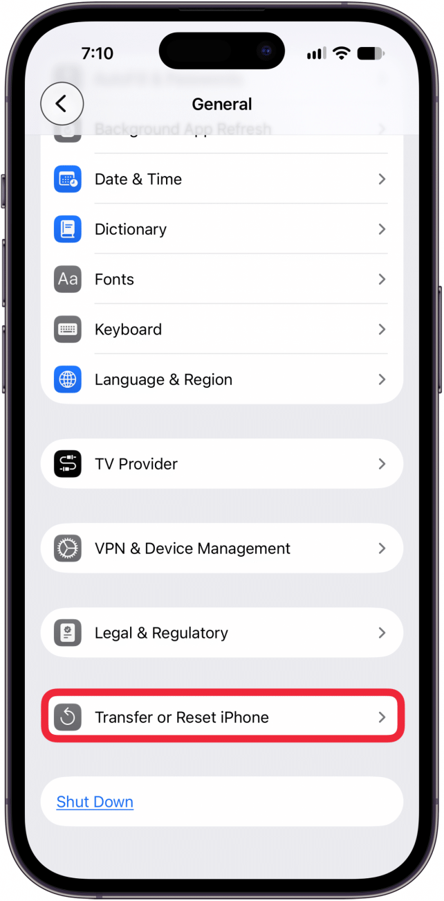 tap transfer or reset iphone