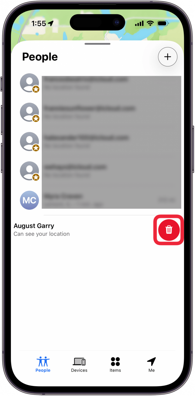 tap trash can icon to stop location sharing