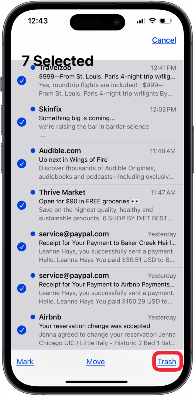 tap trash to delete all unread emails in gmail
