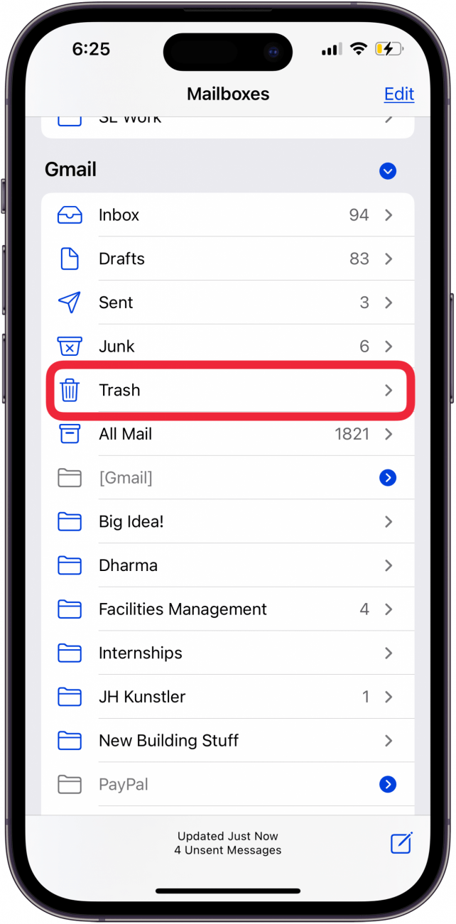 tap trash under chosen email account