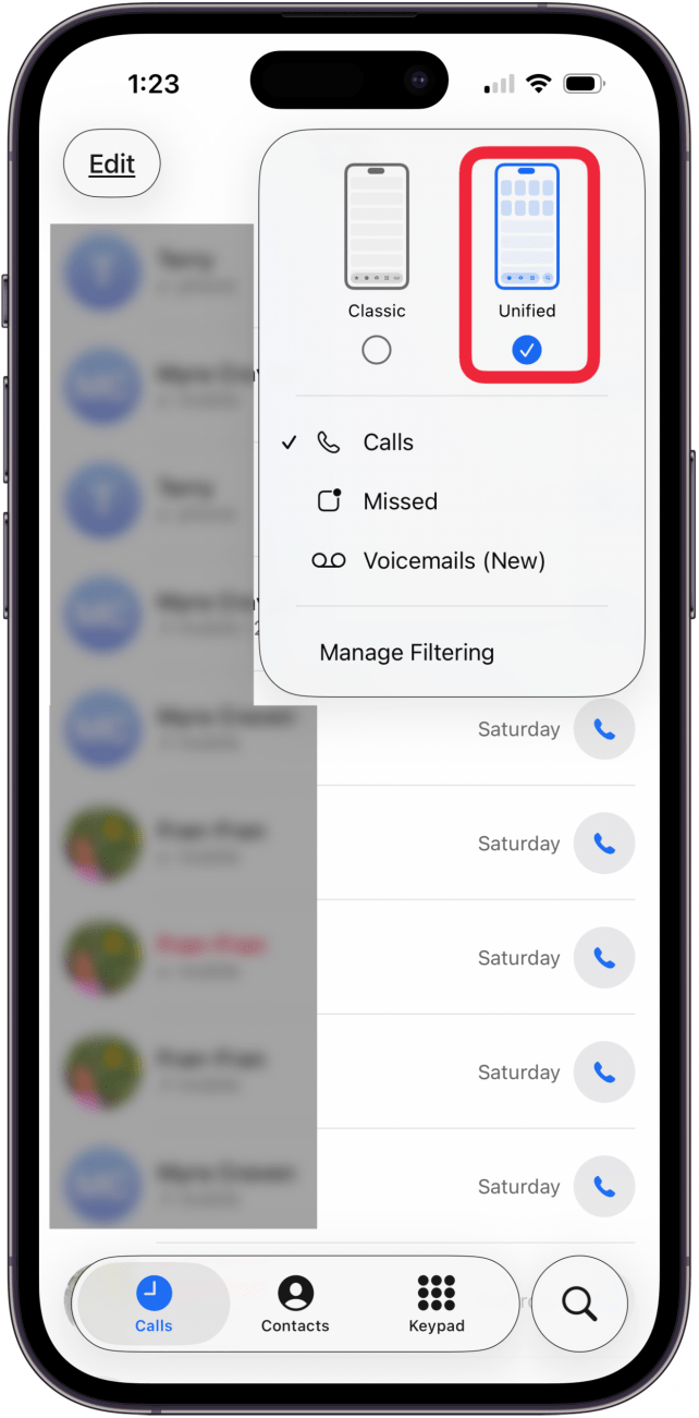 tap unified view in phone app