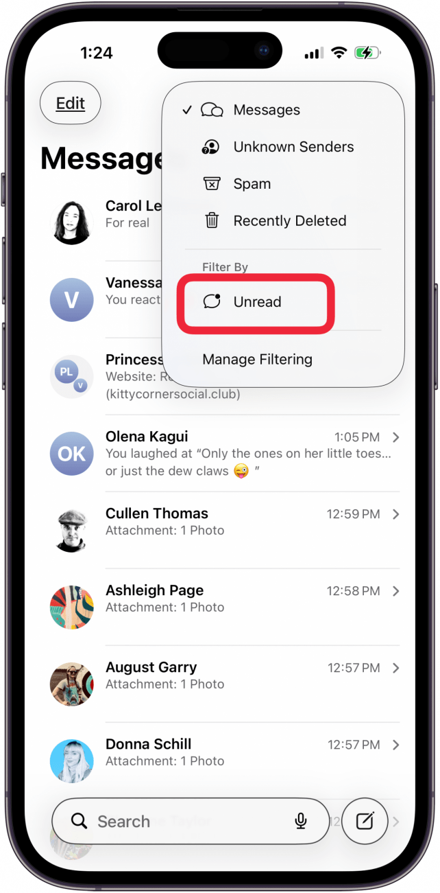 tap unread in messages menu tap unread in messages menu