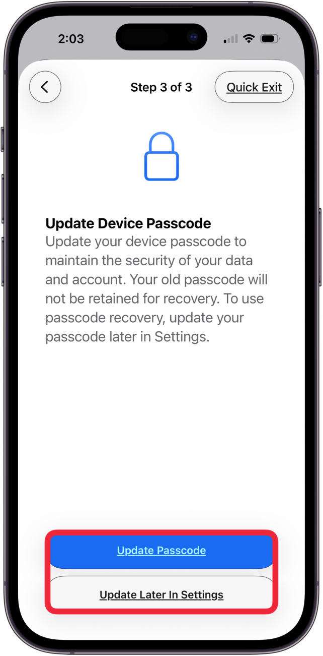 tap update passcode or update later in settings