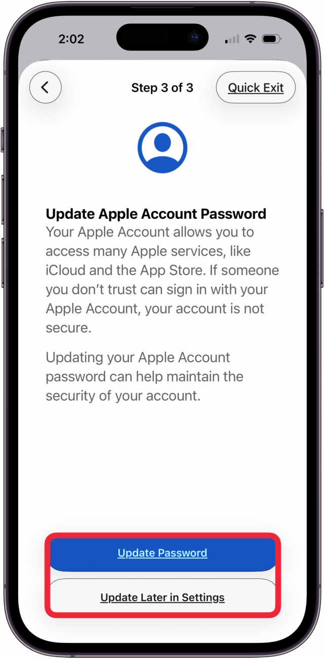 tap update password or update later in settings